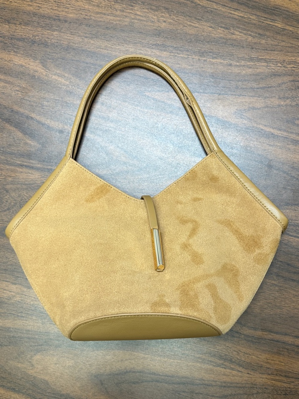 Suede Shoulder Bag in Tan with Gold Accent